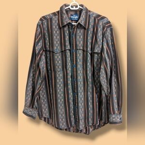 Wrangler Men's Blue Embroidered Stripe Brushpopper Shirt Western Retro 90s